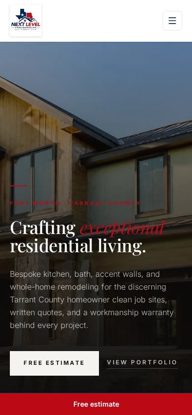 Next Level Home Remodeling website concept shown on a phone screen