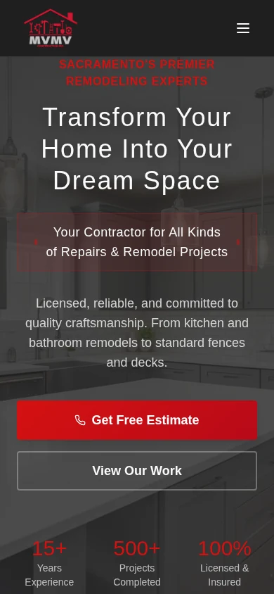 MVMV Remodeling website concept shown on a phone screen